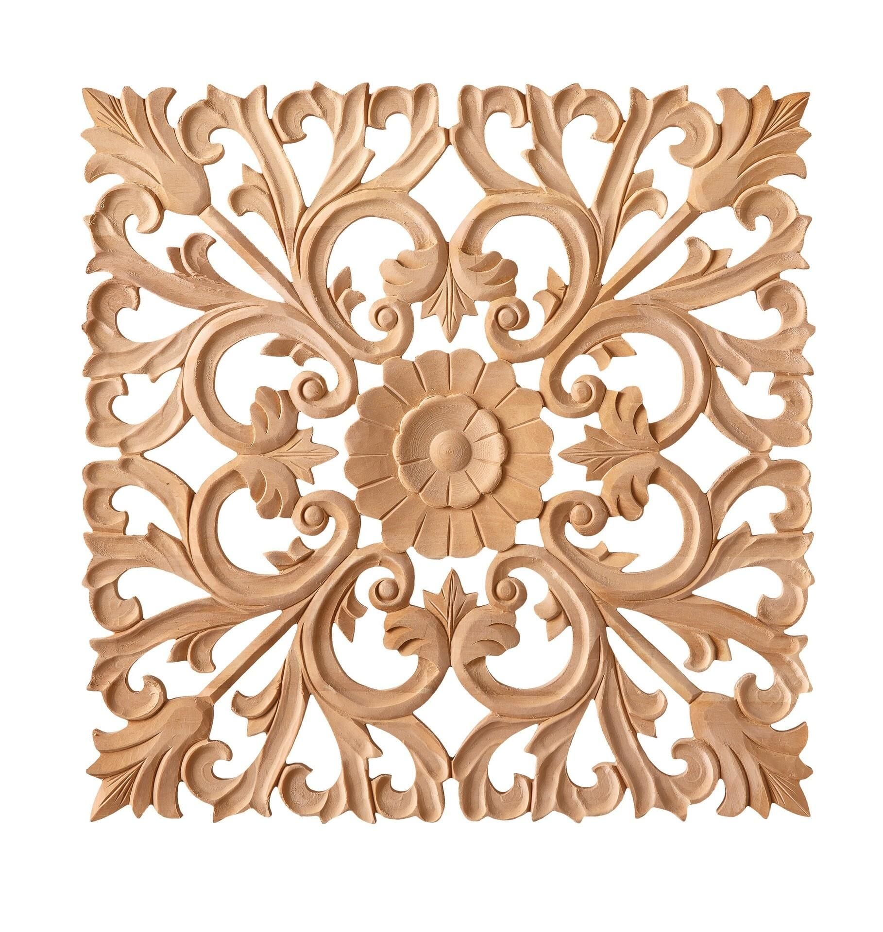 Aplik Orta Göbek Boyanabilir Ahşap Desenli İşlemeli Dekoratif Aksesuar 45x45x1,6 cm OGK03